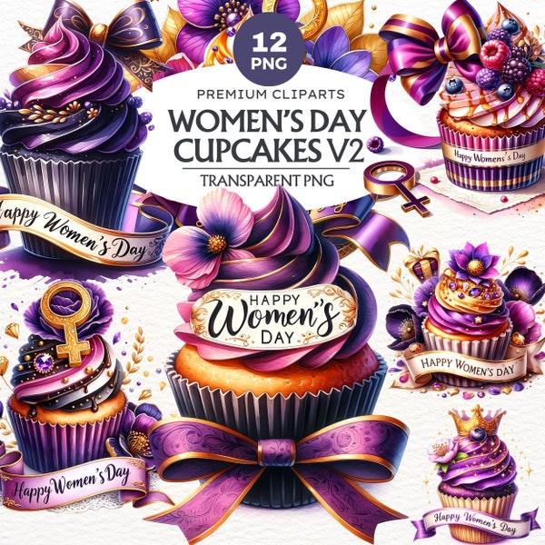 Womens Day Cupcake Clipart Bundle PNG V2, 8th March, Purple Cupcake, International Women's Day, female gender symbol, Girl power,empowerment