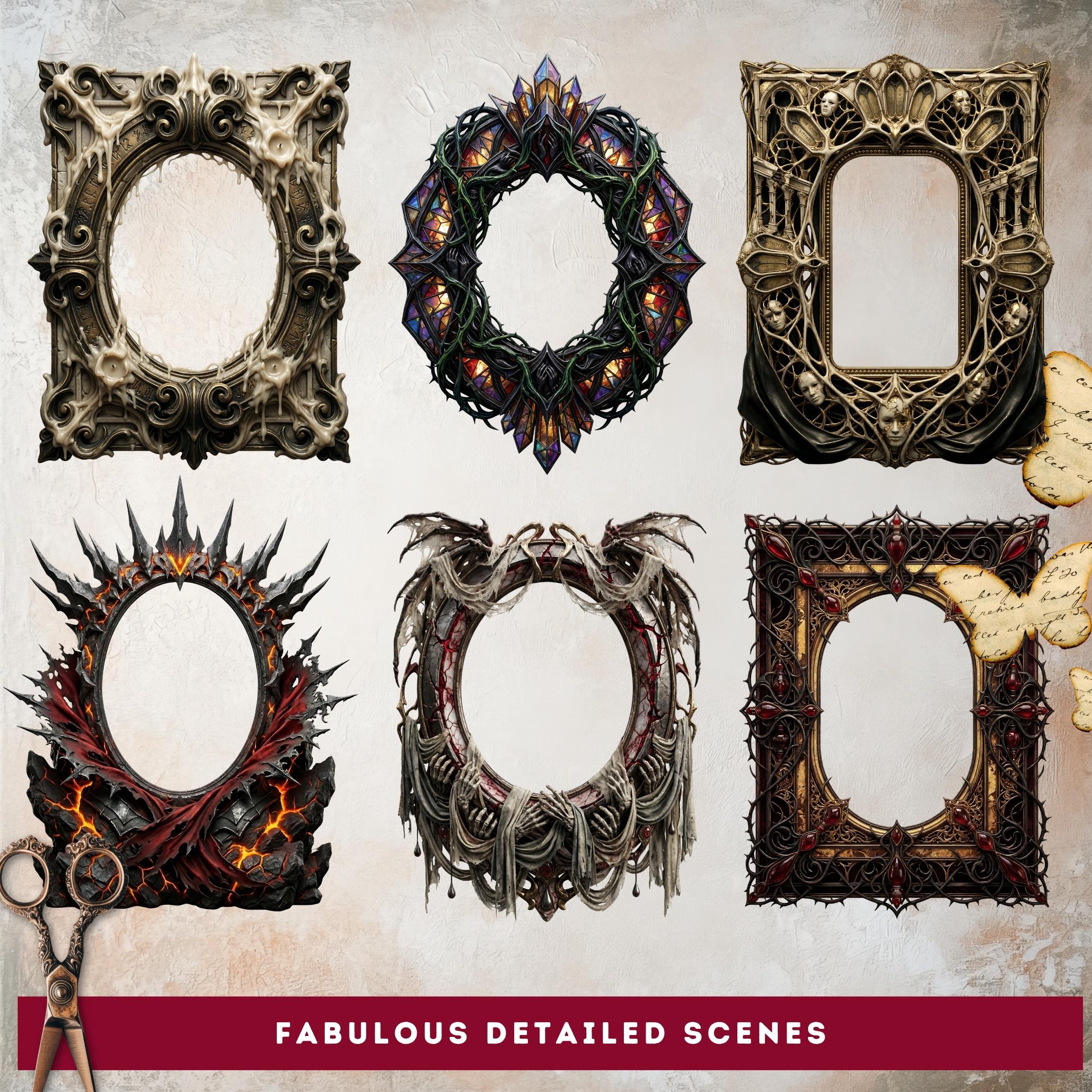 Gothic Dark Fantasy Frames, Ornate Borders, Skull Bone Motifs (60 PNG ...