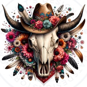 Floral Bull skull PNG clipart, Boho western PNG, Western Sublimation, floral cow skull with feathers crafts and sublimation. Commercial use