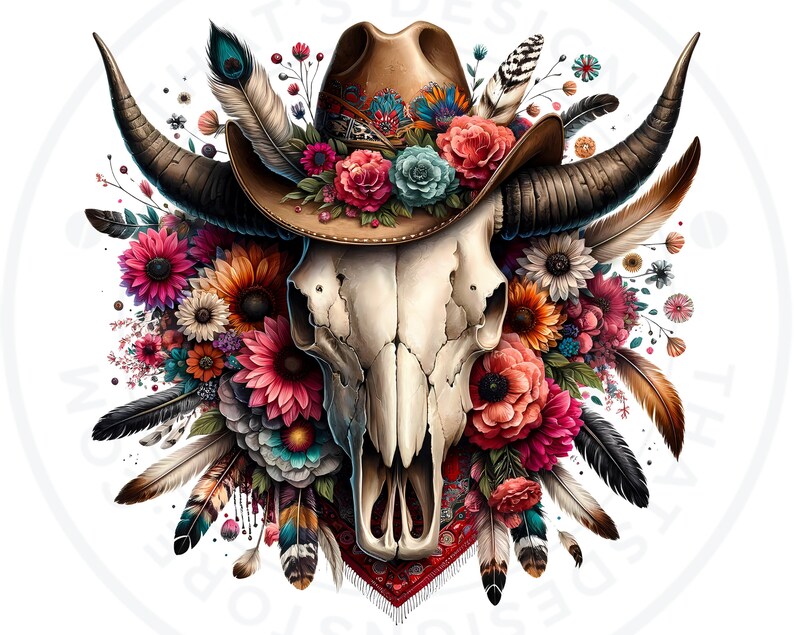 Floral Bull skull PNG clipart, Boho western PNG, Western Sublimation, floral cow skull with feathers crafts and sublimation. Commercial use