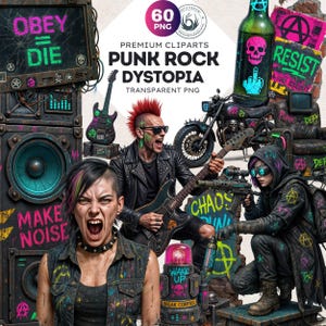 May include: A set of 60 digital clipart images featuring a punk rock dystopian theme. The images include a person playing a guitar, a person with a mohawk, a motorcycle, a speaker, a bottle, a graffiti wall, and a person with a gun. The images are in a vibrant color palette of pink, green, blue, and black.