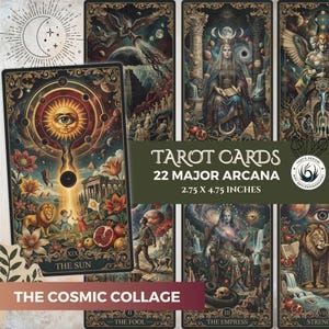 May include: A set of tarot cards featuring intricate illustrations with celestial and floral elements. The cards, measuring 2.75 x 4.75 inches, showcase images like "The Sun" and "The Empress." The text on the cards reads "Tarot Cards 22 Major Arcana" and "The Cosmic Collage."