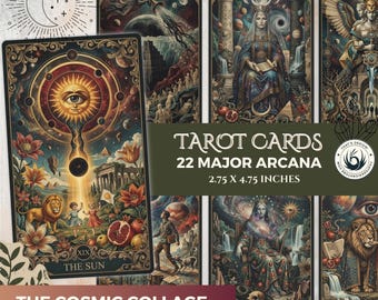 May include: A deck of tarot cards with detailed artwork, including celestial and floral designs. The cards, sized at 7 x 12 cm, display images such as "The Sun" and "The Empress." The text on the cards reads "Tarot Cards 22 Major Arcana" and "The Cosmic Collage."