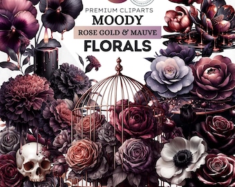 Moody Rose Gold Floral Clipart: Gothic Wedding Bouquets, Frames (PNG, commercial use digital download)