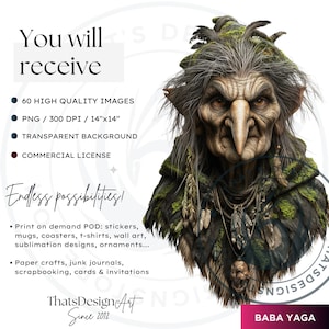 Creatures of Folklore Dark Fantasy Clipart PNG Set World Mythology Gothic Monsters for Horror & Junk Journal Kit Sublimation, Baba yaga