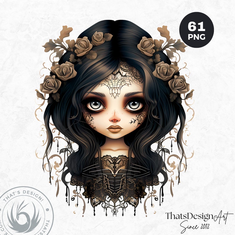 May include: A digital illustration of a dark-haired woman with a delicate lace design on her face. She is wearing a black lace dress and a crown of brown roses. The background is a white gradient.