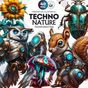 Techno Nature Clipart Set mit futuristischen und mechanischen Designs von Tieren und Naturelementen. Cyber, Steampunk Sublimationskunst