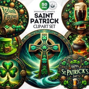 Ensemble de 50 cliparts pour la Saint-Patrick, clipart lutin PNG, design sublimation porte-bonheur, illustration trèfle PNG. Artisanat et designs par sublimation