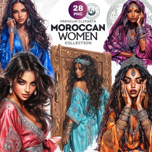 Ensemble de cliparts pour femmes marocaines, femme élégante dans des caftans marocains traditionnels, reflétant les influences de la mode arabe et orientale du Maroc.