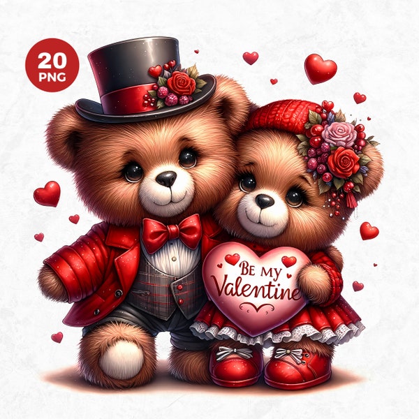 20 Valentines Teddy Bear Couple Clipart, Valentines Day Clipart, Valentine PNG, Teddy Bear sublimation, valentine printable, Commercial use