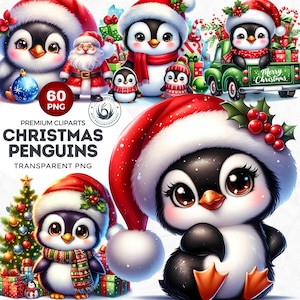 60 Christmas Penguin PNG Clipart Set, Winter Penguin clipart, Baby animal with Santa Hat, Christmas Clipart, Christmas cards & sublimation