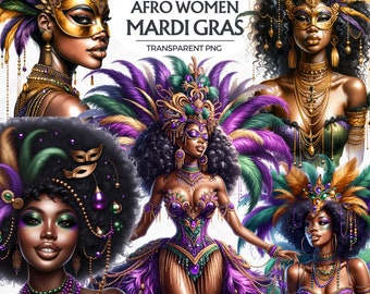 Watercolor Mardi Gras Afro woman Clipart, Black woman, Carnival dancer Clipart, Beads Necklace, Fat Tuesday PNG, New Orleans, black art