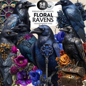 Floral Raven Clipart PNG, Gothic Steampunk Crow Graphics (Digital Download)