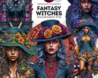 May include: A digital art image featuring multiple fantasy witches with various hairstyles, hats, and outfits. The witches are depicted in shades of blue, purple, and gold, with floral and mystical accents. The image includes the text "Fantasy Witches" and "Transparent PNG".