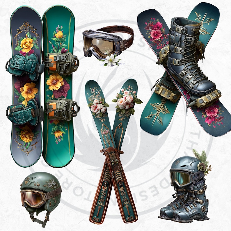 Alpine Winter Clipart Bundle: Ski Graphics, Snowboard PNG, Cabin ...
