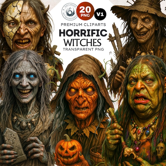 Horrific Halloween Witch Clipart Set: Spooky PNG Graphics (Digital Download, Commercial Use)