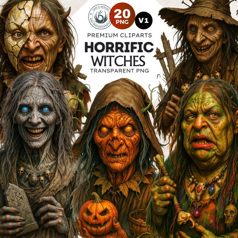 Horrific Halloween Witch Clipart Set V1, Bad witch Halloween Clipart, Spooky Halloween prints | Transparent PNG for craft and sublimation