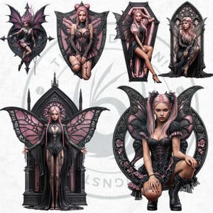 Black & Pink Gothic Fairies PNG, Dark Fairy Art Clipart, Pastel goth Fantasy for Sublimation Craft, Transparent background, Commercial use
