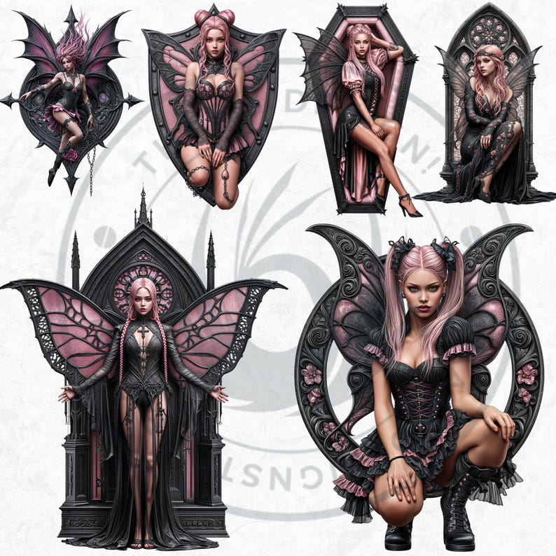 Black & Pink Gothic Fairies PNG, Dark Fairy Art Clipart, Pastel goth Fantasy for Sublimation Craft, Transparent background, Commercial use