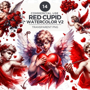 Watercolor Red Cupid clipart Set 2, Cupid Girl PNG, Valentine's Day clip art, Love spell, Scrapbooking, Cards & Sublimation. Commercial use