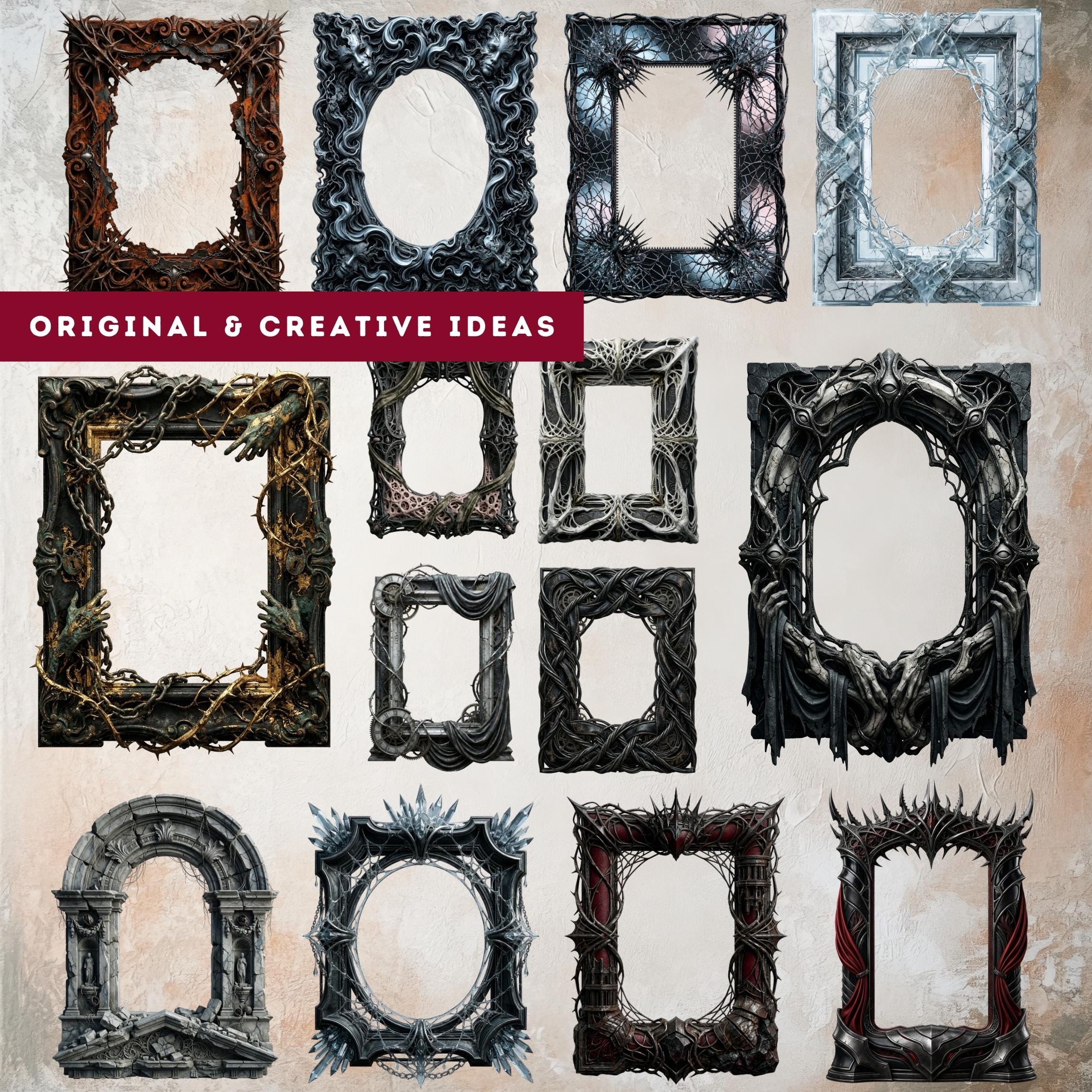 Gothic Dark Fantasy Frames, Ornate Borders, Skull Bone Motifs (60 PNG ...