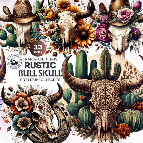 Rustic Bull Skull PNG Clipart Set: Western Sublimation Designs (Digital Download, Commercial Use)