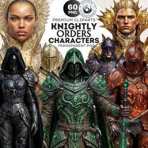 Knightly Orders Fantasy Clipart Bundle: Medieval Warrior, Crusader Illustrations (PNG, Digital download)