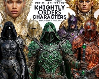 Może przedstawiać: Grafika cyfrowa przedstawiająca sześć szczegółowych ilustracji postaci rycerzy w różnych stylach zbroi. Obraz zawiera tekst "Knightly Orders Characters" i "Premium Cliparts". Rycerze są w odcieniach czerni, zieleni, złota, fioletu i czerwieni.