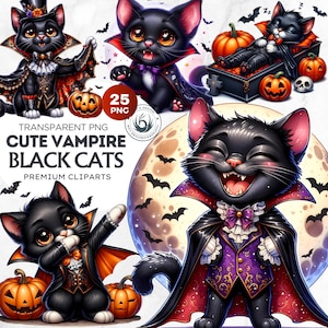 25 Halloween Vampir schwarze Katze Clipart, süße Halloween Cliparts, Aquarell schwarze Katzen Clipart, schwarze Kätzchen, schwarze Katze Png, schwarze Katze