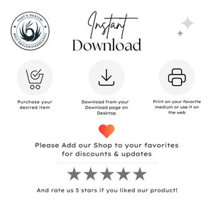 Puede incluir: Un gr&aacute;fico con el texto "Descarga instant&aacute;nea" en letra cursiva negra. El gr&aacute;fico tambi&eacute;n incluye tres iconos: un carrito de compras, una flecha de descarga y una impresora. El texto debajo de los iconos explica c&oacute;mo comprar, descargar e imprimir el producto digital. El gr&aacute;fico tambi&eacute;n incluye una calificaci&oacute;n de cinco estrellas y el texto "Por favor, agrega nuestra tienda a tus favoritos para obtener descuentos y actualizaciones. &iexcl;Y calif&iacute;canos con 5 estrellas si te gust&oacute; nuestro producto!"