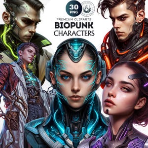 30 Biopunk Character clipart set PNG for Sublimation, dystopian girl and man in cybernetic style, futuristic, neon designs