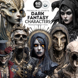 May include: A digital art compilation featuring various dark fantasy characters. The image showcases a diverse array of beings, including a skeletal figure, a witch, and other mystical figures. The text "DARK FANTASY CHARACTERS" is displayed prominently.