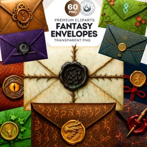 May include: A collection of fantasy-themed envelopes with various designs. The envelopes feature intricate details, including wax seals, gears, and dragon motifs. The text "PREMIUM CLIPARTS FANTASY ENVELOPES TRANSPARENT PNG" is displayed.