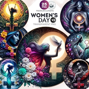 Conjunto de 25 imágenes prediseñadas del Día Internacional de la Mujer (v2), símbolo femenino, niña floral, Día de la Mujer, homenaje a la mujer, imágenes prediseñadas de mujeres vibrantes, 8 de marzo