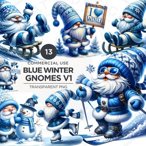 Blue Winter Gnome Clipart, 13 High quality PNG, Blue Christmas Gnome sublimation, Winter sports clipart, Winter Sublimation. Commercial use