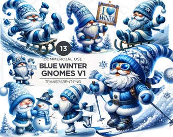 May include: A collection of blue and white winter gnomes in various poses, including skiing, ice skating, and sledding. Some gnomes hold signs that say "I Winter". The image also includes a snowman and snowflakes. The text "BLUE WINTER GNOMES V1" is displayed.