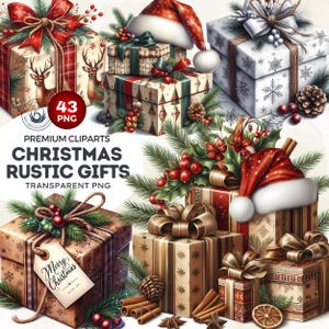 43 Rustic Christmas Gift Boxes Clipart Set – Vintage Wrapped Presents, Poinsettias, and Evergreen Accents for Christmas cards, sublimation