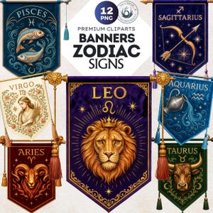 Medieval Zodiac Signs Clipart PNG Set, Zodiac banners, Astrology clipart, horoscope signs, Fantasy Clipart, zodiac sublimation, leo, scorpio
