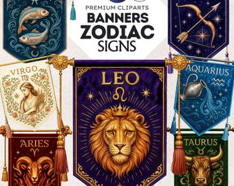 Medieval Zodiac Banners Clipart: Fantasy Horoscope Astrology PNG Set (12 Signs)