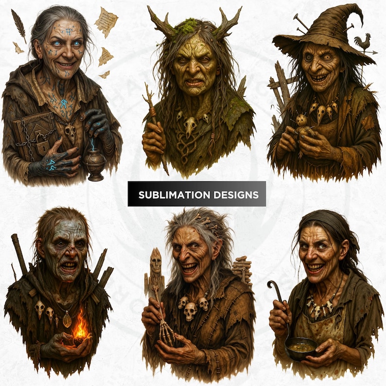 Horrific Halloween Witch Clipart Set V1, Bad witch Halloween Clipart, Spooky Halloween prints | Transparent PNG for craft and sublimation