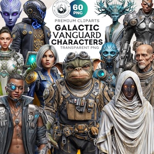 Pode incluir: Uma compilação de arte digital com vários personagens de ficção científica. A imagem inclui um grupo diversificado de alienígenas e humanos em trajes futuristas. O texto na imagem diz "Galactic Vanguard Characters" e "Transparent PNG".