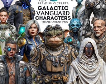 Paquete de imágenes prediseñadas de Vanguardia Galáctica: Ilustraciones de personajes de ciencia ficción, gráficos espaciales futuristas (PNG, descarga digital)