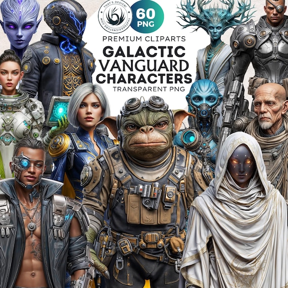 Galactic Vanguard Clipart Bundle: Sci-Fi Character Illustrations, Futuristic Space Graphics (PNG, Digital download)