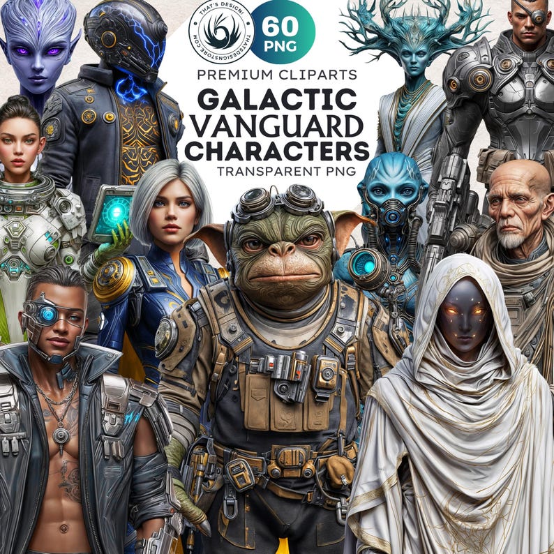 Galactic Vanguard Clipart Bundle: Sci-Fi Character Illustrations, Futuristic Space Graphics (PNG, Digital download)