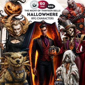ハロウィンナイト サーティーンベルズ ハロウィンRPGキャラクタークリップアートセット、ダークファンタジーTTRPGホラーPNG