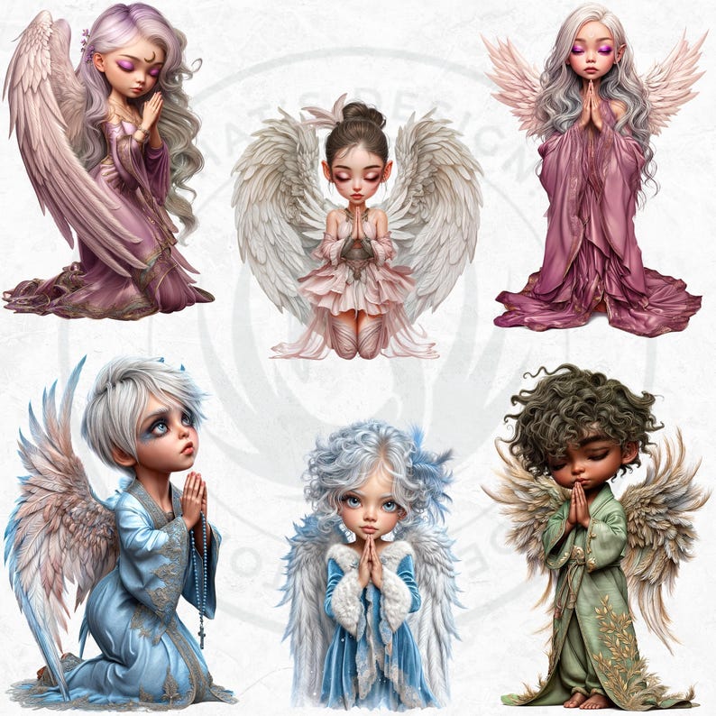 Praying Angels Clipart: Chibi Baby Angel Wings PNG Set (digital ...