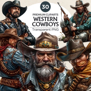 30 westerncowboy portret clipart, cowboy digitale prints, cowboyhoed png, westerse sublimatie, westerse kunst, illustraties van het wilde westen