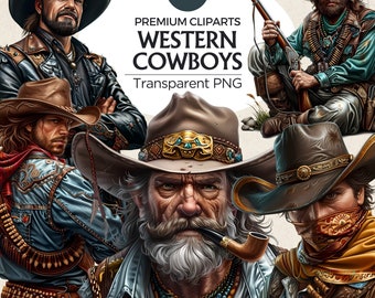 May include: A set of 30 digital clipart images of Western cowboys. The cowboys are wearing various hats, shirts, vests, and pants. The images are in a cartoon style and are perfect for use in digital projects.