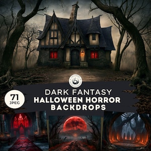 Puede incluir: Una colección de 71 fondos digitales en formato JPEG con temas de fantasía oscura y terror de Halloween. La imagen principal muestra una casa de piedra con techo oscuro y ventanas rojas brillantes, rodeada de árboles desnudos bajo un cielo sombrío.