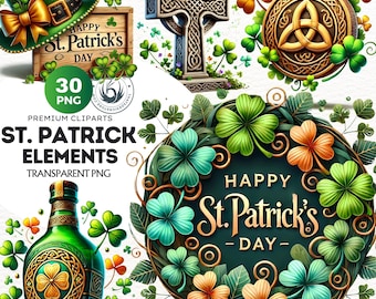 St Patrick's Day Clipart Set: Irish Elements, Leprechaun hat, Shamrock (PNG, Commercial use)